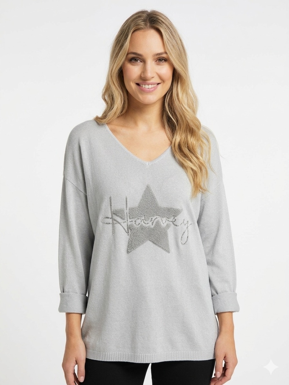 IT019 🇮🇹 Made in Italy V-Neck Star Knit Gray Sweater Top